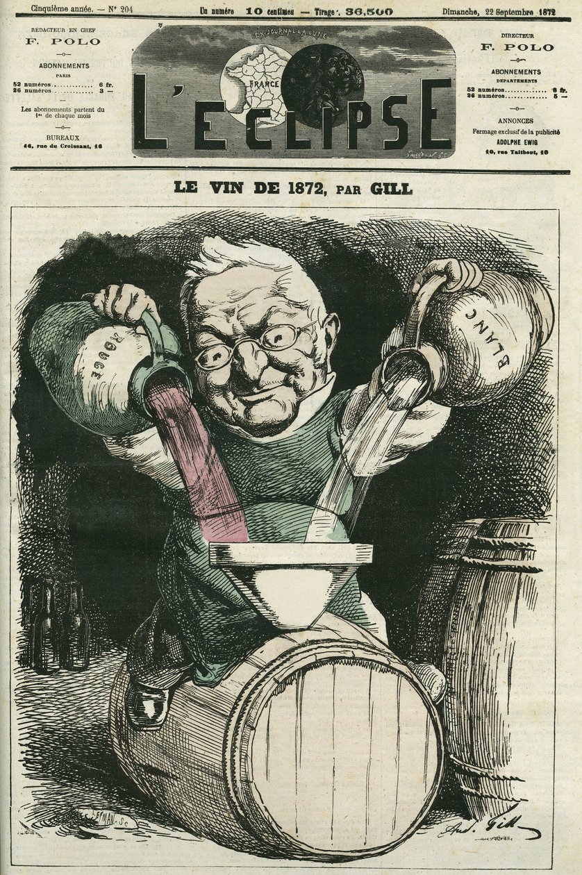 Le vin de 1872, Adolphe Thiers tarafından beyaz ve kırmızı şarabı karıştıran illüstrasyon (1797-1877), Fransız tarihçi ve devlet adamı. Gill