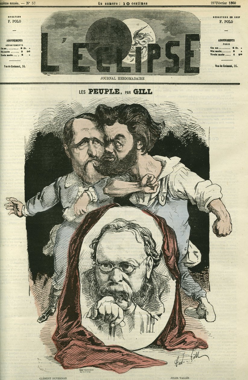 Les Peuples, Clement Duvernois (1836-1879), Pierre-Joseph Proudhon (1809-1865) ve Jules Valles (1832-1885), yazarlar ve politikacılar. Gill