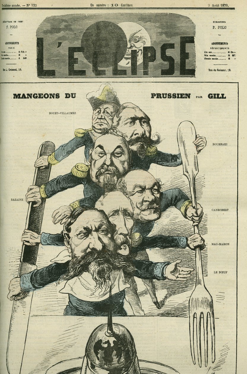 Generaller Le Boeuf (1806-1893), Mac-Mahon (1808-1893), Francois Achille Bazaine (Francois-Achille) ile Prusya yiyelim. by Andre Gill