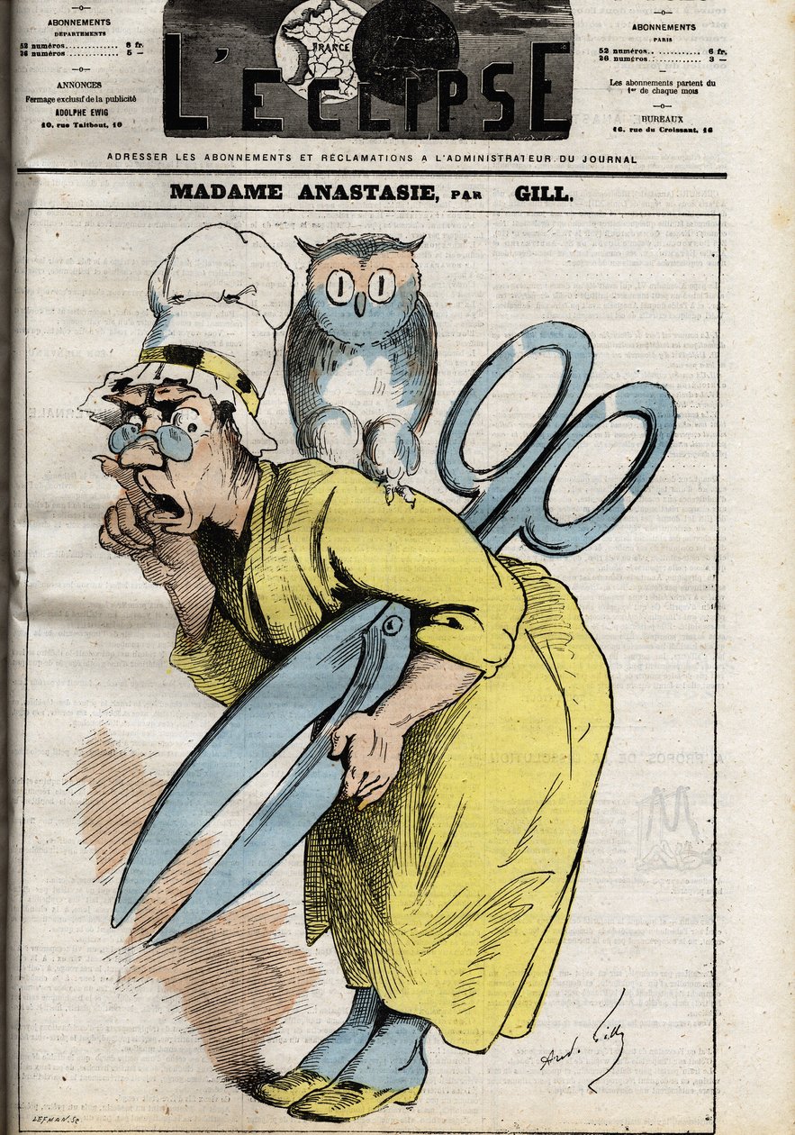 Madame Anastasia sansür makası ile Anastasia basın ve yayıncılığın sansürünü sembolize ediyor ve muhtemelen adını Hıristiyan kozmolojisine uymayan bazı kitapları yasaklayan Papa I. Anastasius
