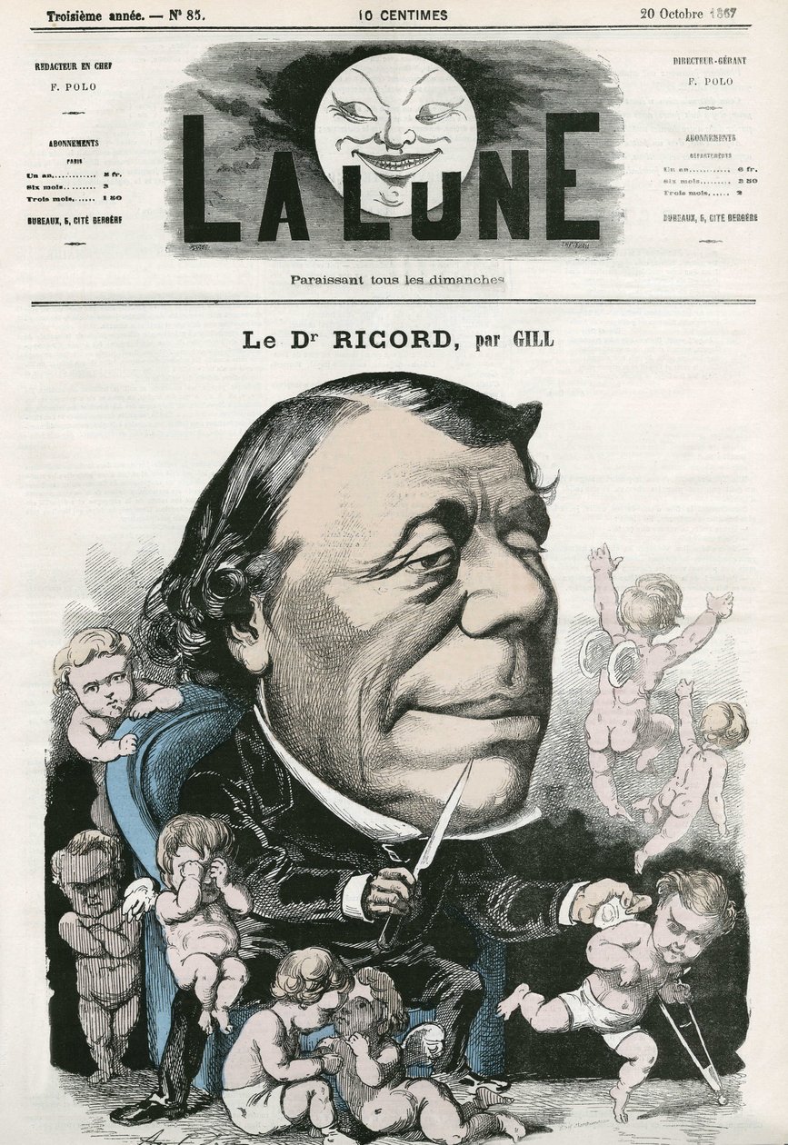 Portrait of Doctor Ricord, French doctor. Cartoon by Gill, in “La Lune”, October 20 by Andre Gill