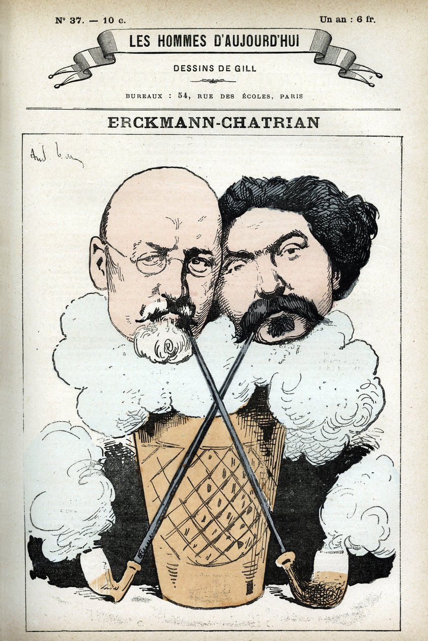 Emile Erckmann (1822-1899) ve Alexandre Chatrian (1826-1890), Fransız romancıların portresi. Gill