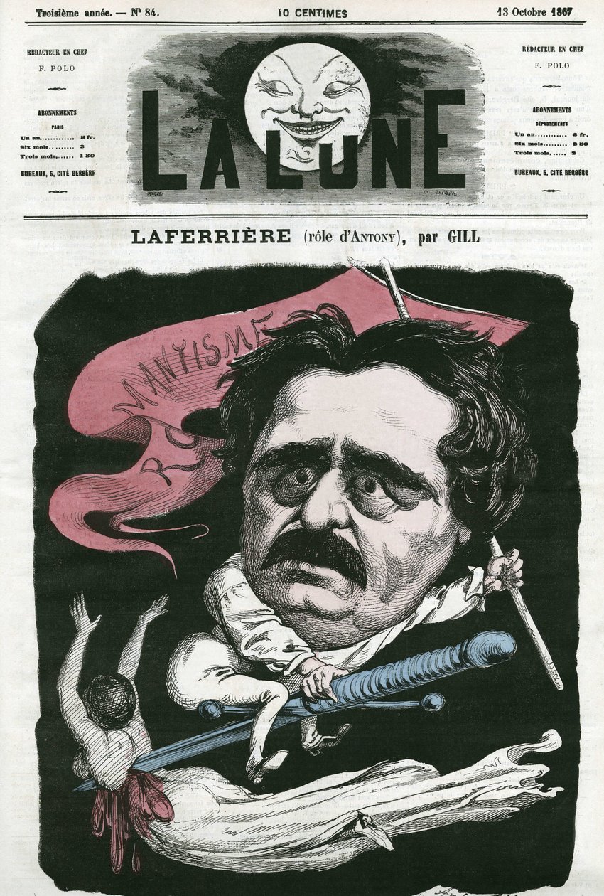 Laferriere'nin Portresi (1853-?), “Antony” rolündeki Fransız aktör. 13 Ekim'de "The Moon"da Gill'in çizdiği karikatür by Andre Gill