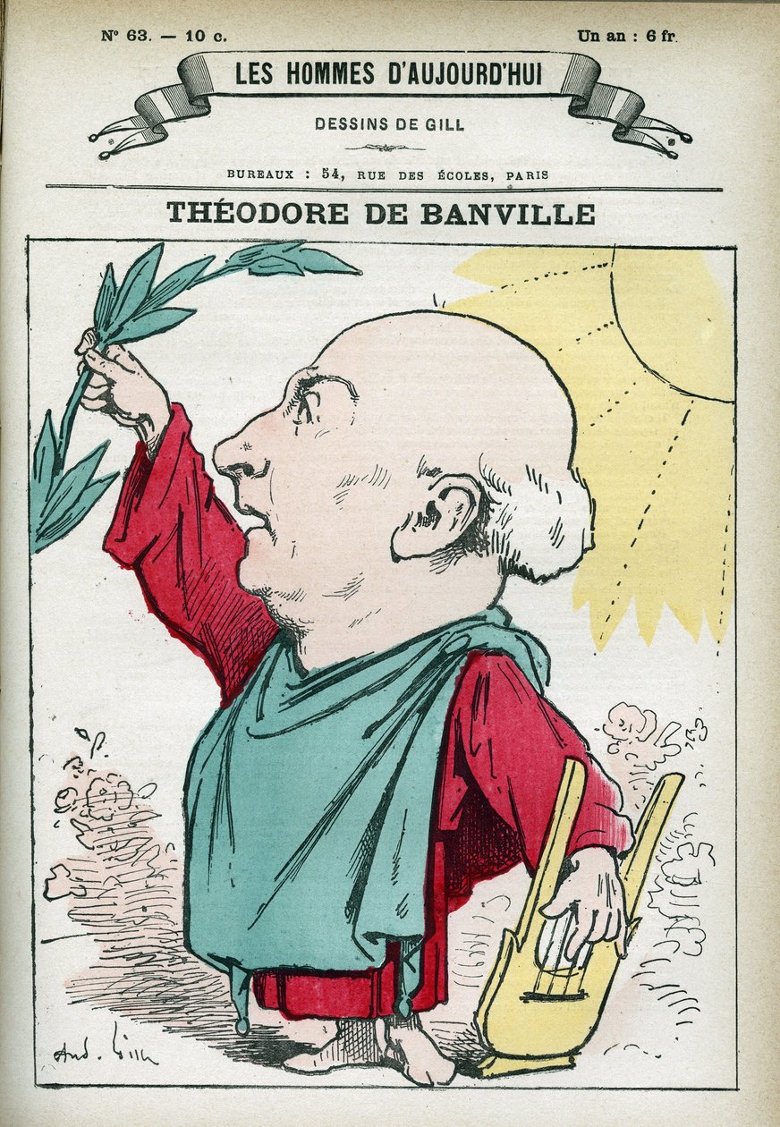 Theodore de Banville (1823-1891), bir Fransız şair ve Parnassian okulunun liderlerinden birinin portresi. Gill, Paris tarafından karikatür. by Andre Gill