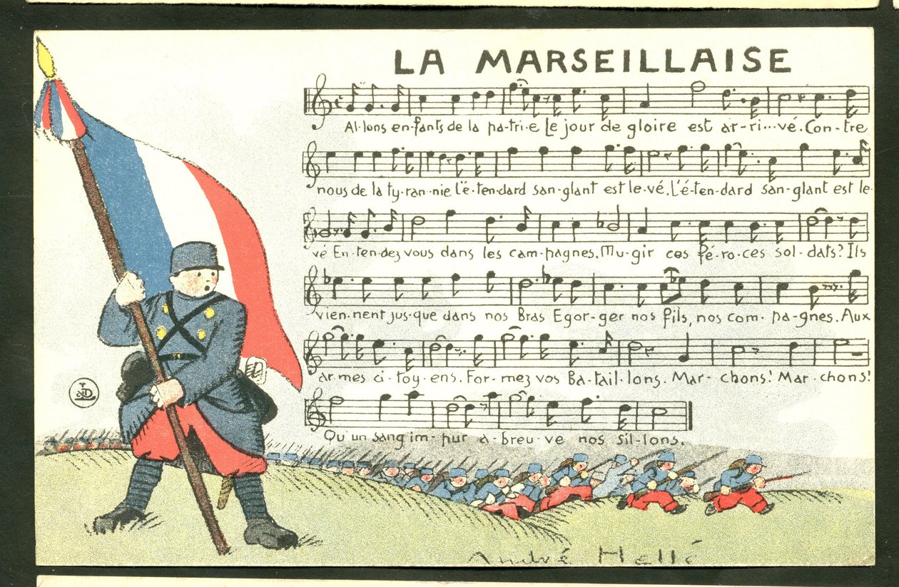 Kartpostal, Renklerle Satirik: La Marseillaise - 14-18 Savaşı, Marseillaise, Andre Helle (1875-1945) tarafından Şarkı İllüstrasyonu by Andre Helle