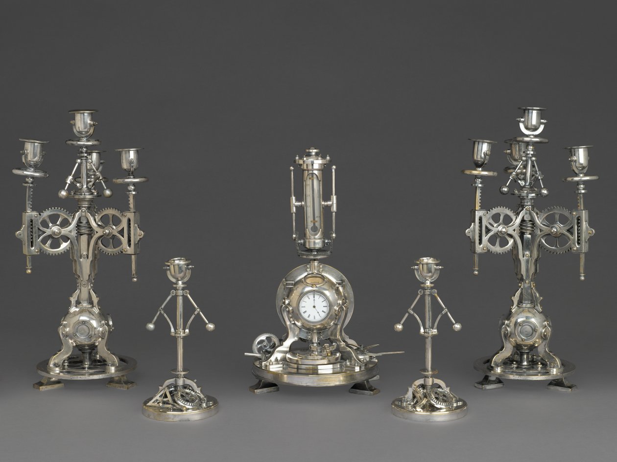Saat, Beş Parçalı Saat Garnitürünün Parçası, c.1880 (gümüş bronz, cam, kağıt) by Andre Romain Guilmet