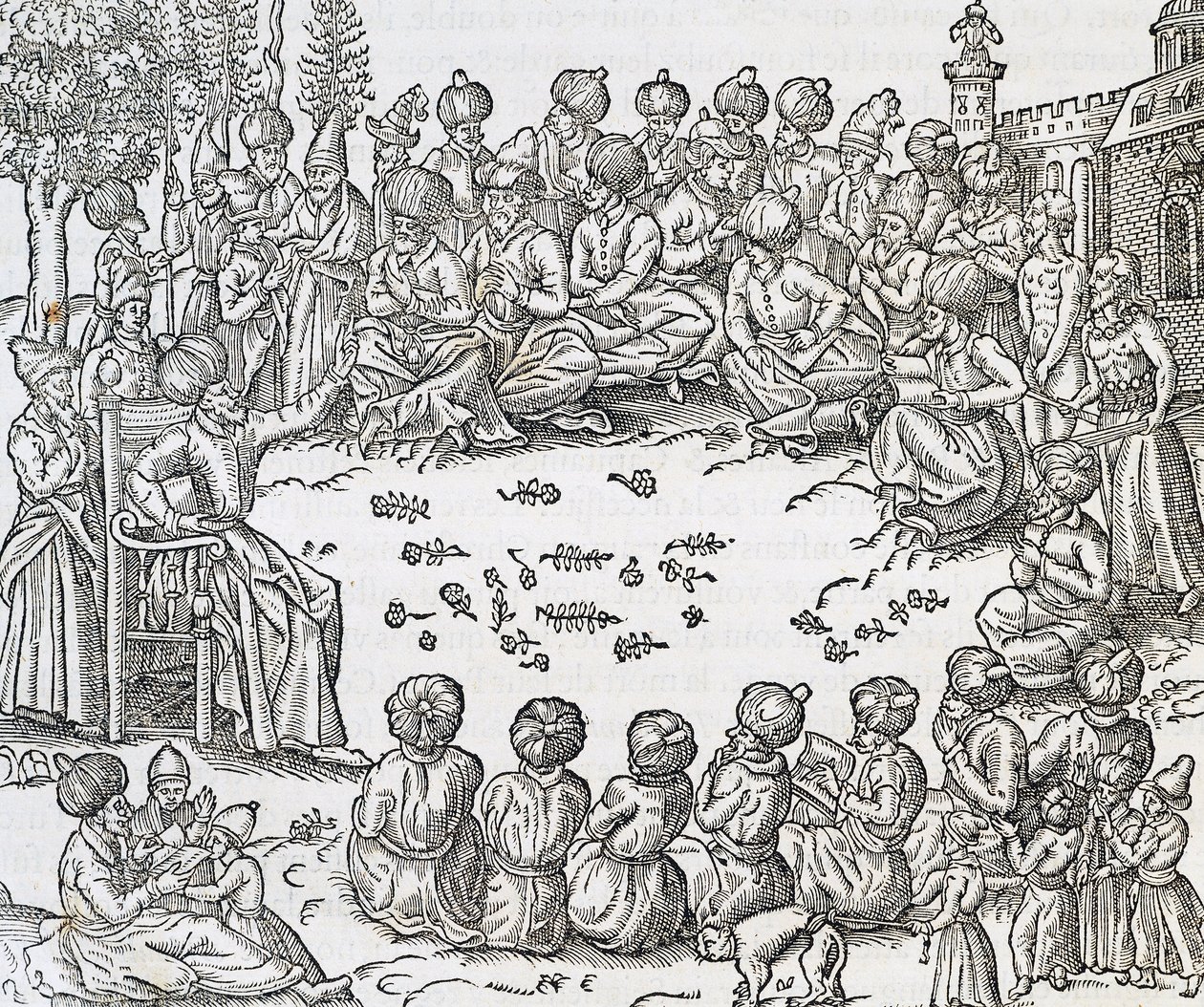 Türkler ve Araplar Arasında Buluşma, Fas, Evrensel Kozmolojiden gravür, Andre Thevet (1504-1592), Paris by Andre Thevet