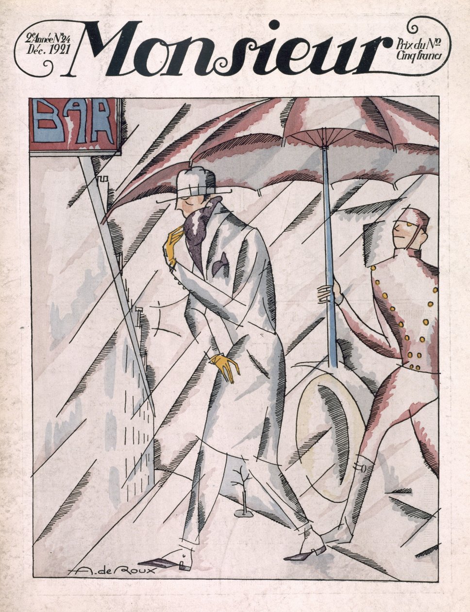 Yağmurluklu adam, 'Monsieur' dergisinin ön kapağı, sayı 24, pub. Aralık 1921 (pochoir baskısı) by Andre de Roux