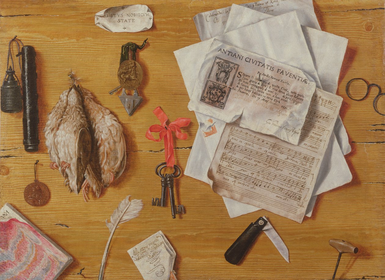 Kuşlar, Anahtarlar, Gözlükler ve Notalar ile Trompe Loeil by Andrea Domenico Remps