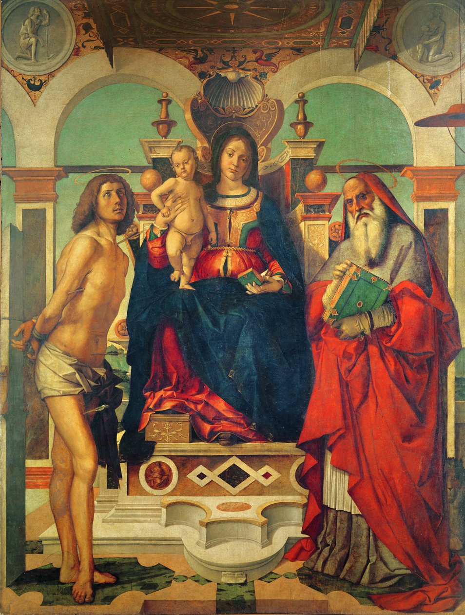Madonna ve Çocuk, Aziz Jerome ve Aziz Sebastian ile tahta çıktı by Andrea Mantegna