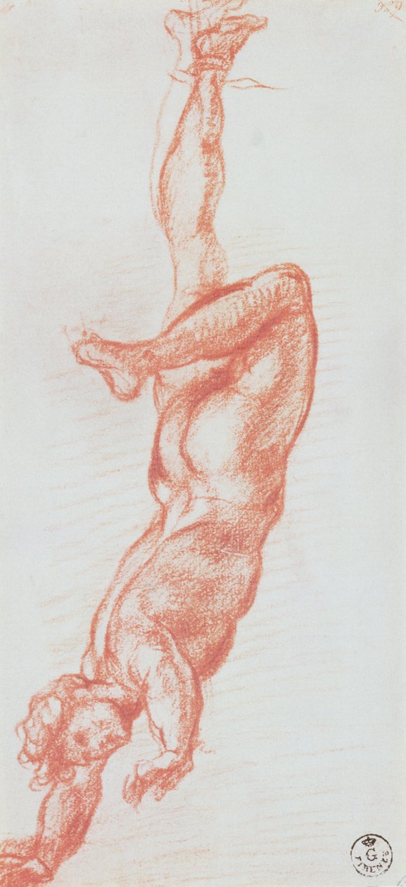 Sağ bacağından asılı çıplak bir adamın çalışması (kağıt üzerinde tebeşir) by Andrea del Sarto