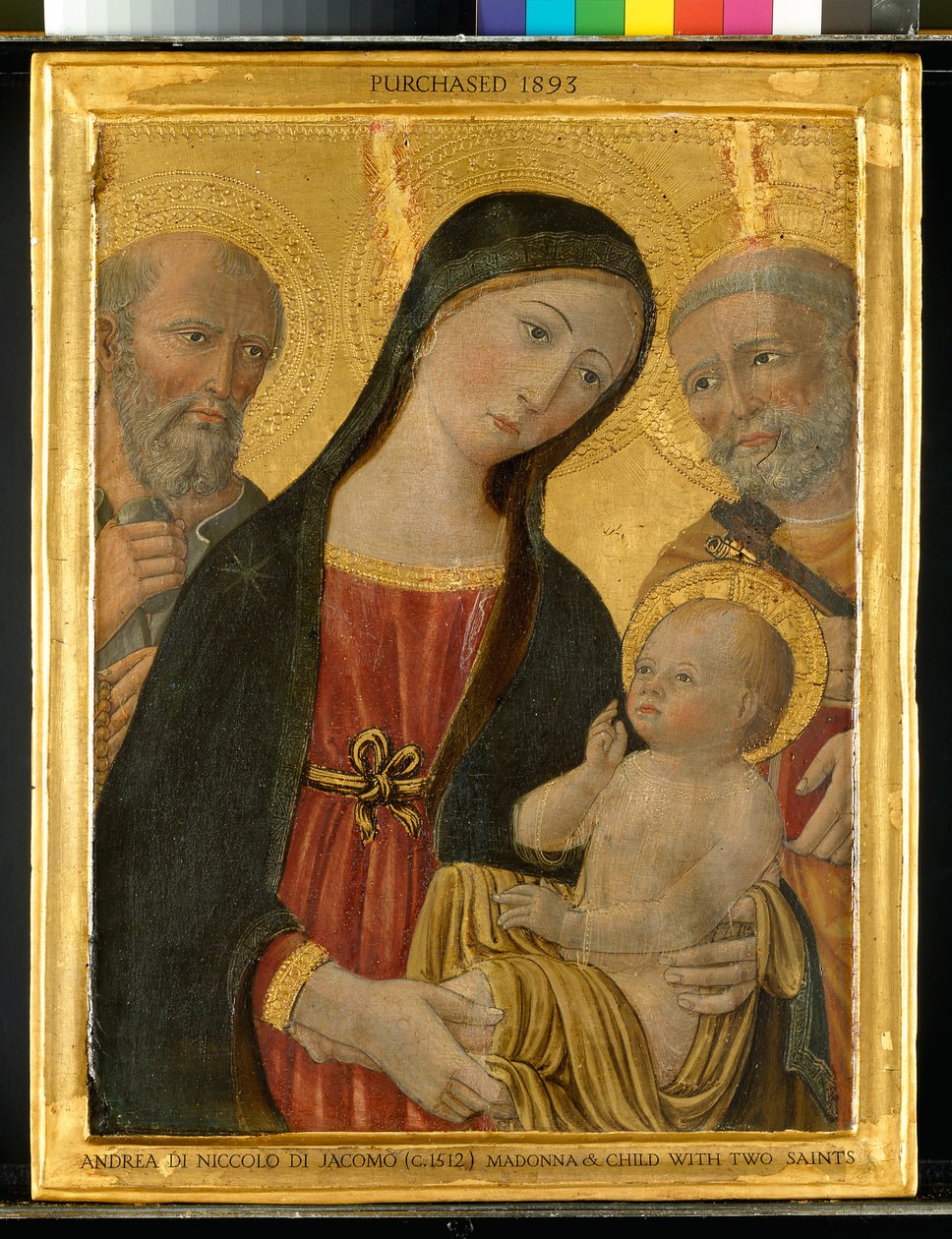Aziz Jerome ve Aziz Petrus arasındaki Bakire ve Çocuk, c.1500 (panelde altın ile tempera) by Niccolo di Giacomo
