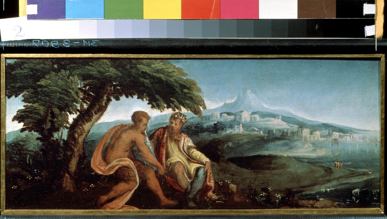 Kral Midas ve Pan (Kral Midas ve Pan). Andrea Schiavone tarafından yapılan resim (1520-1582 dolaylarında). Tuval üzerine yağlıboya by Andrea Schiavone