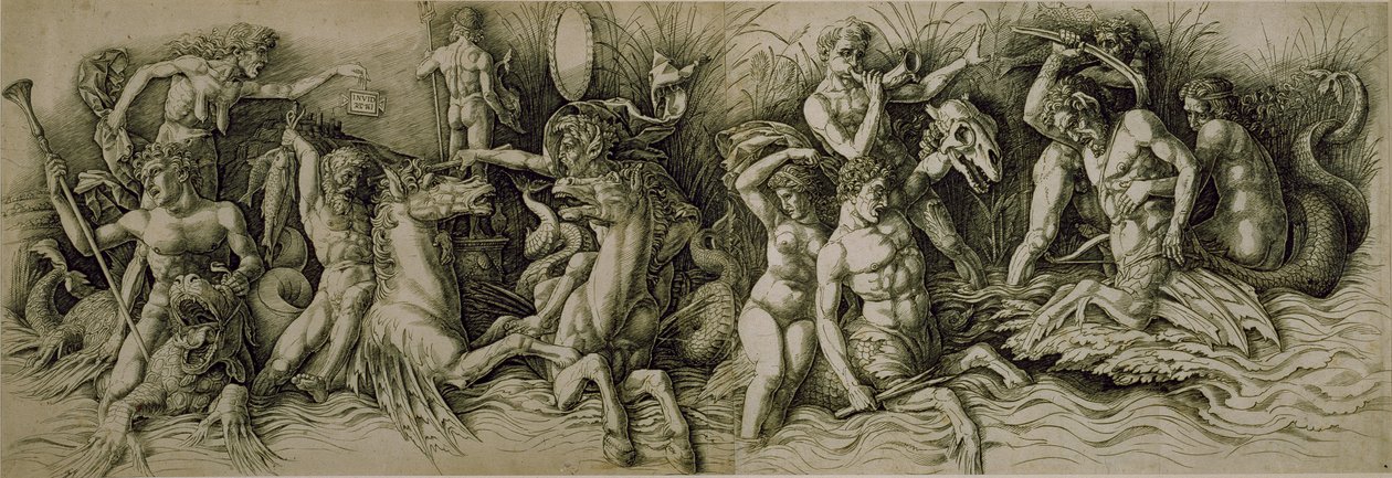 Battle of the Sea Gods (pen & brown ink on paper) by Andrea (workshop of) Mantegna