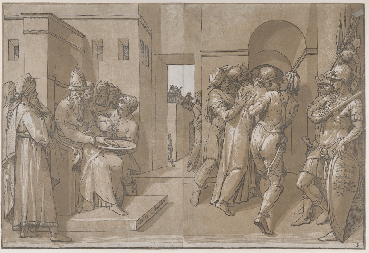 İsa götürülüyor, askerler sayfanın sağ tarafında duruyor, 1585. by Andrea Andreani