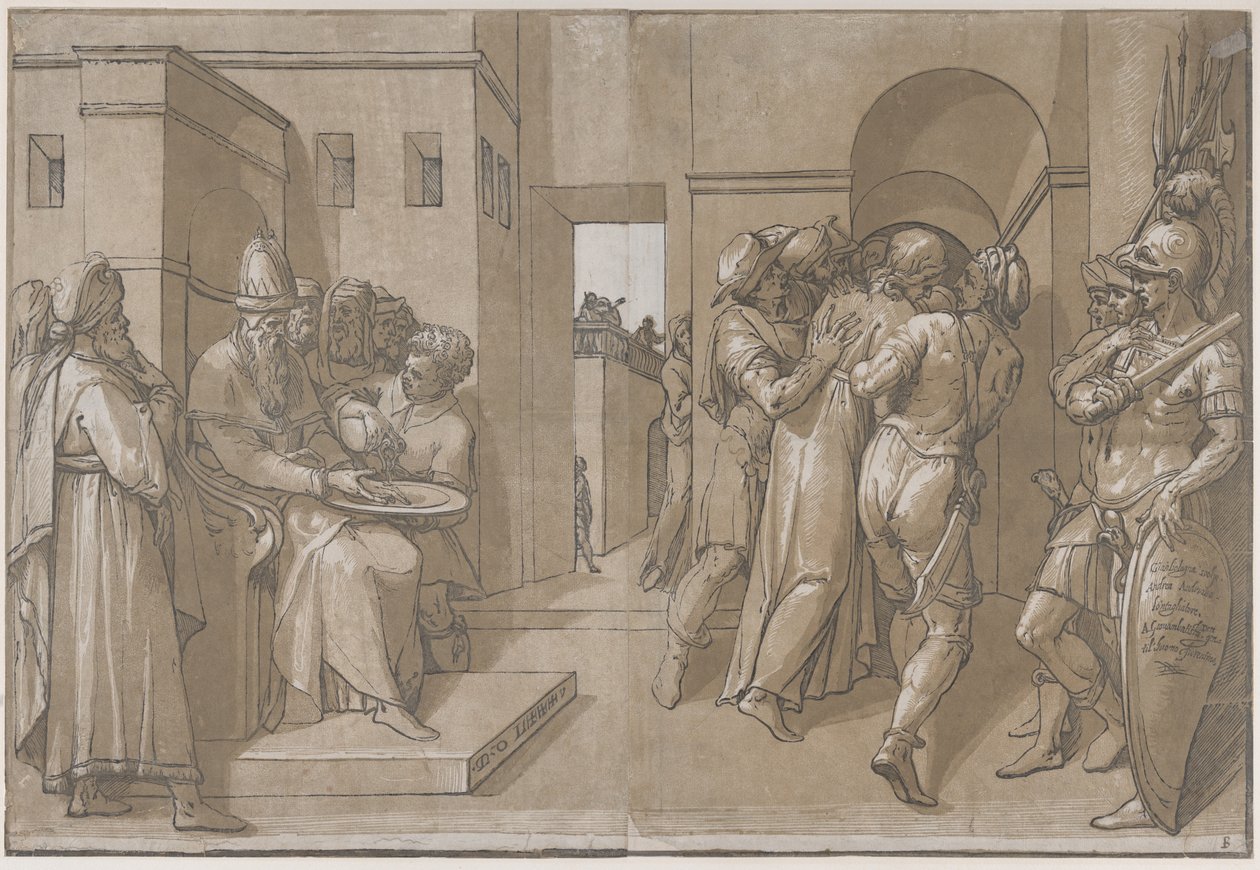 Soldaki Pilatus, çarşafın sol tarafında ellerini yıkıyor, 1585. by Andrea Andreani