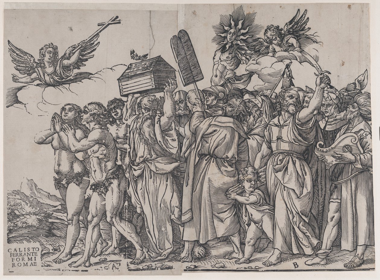 Bölüm A: Sol üstte haç tutan bir melek, aşağıda Adem ve Havva, The Triumph of..., 1836. by Andrea Andreani