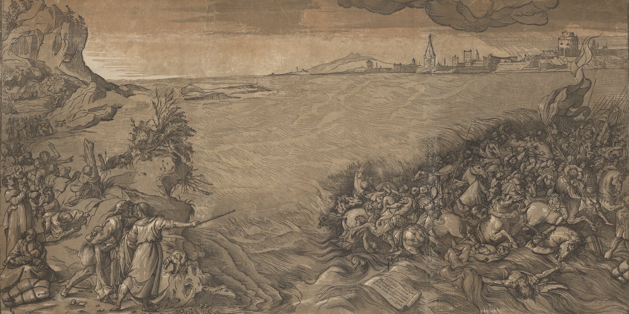 Kızıldeniz'in geçişi, Musa sol tarafta batık olan orduyu işaret ediyor..., 1589. by Andrea Andreani