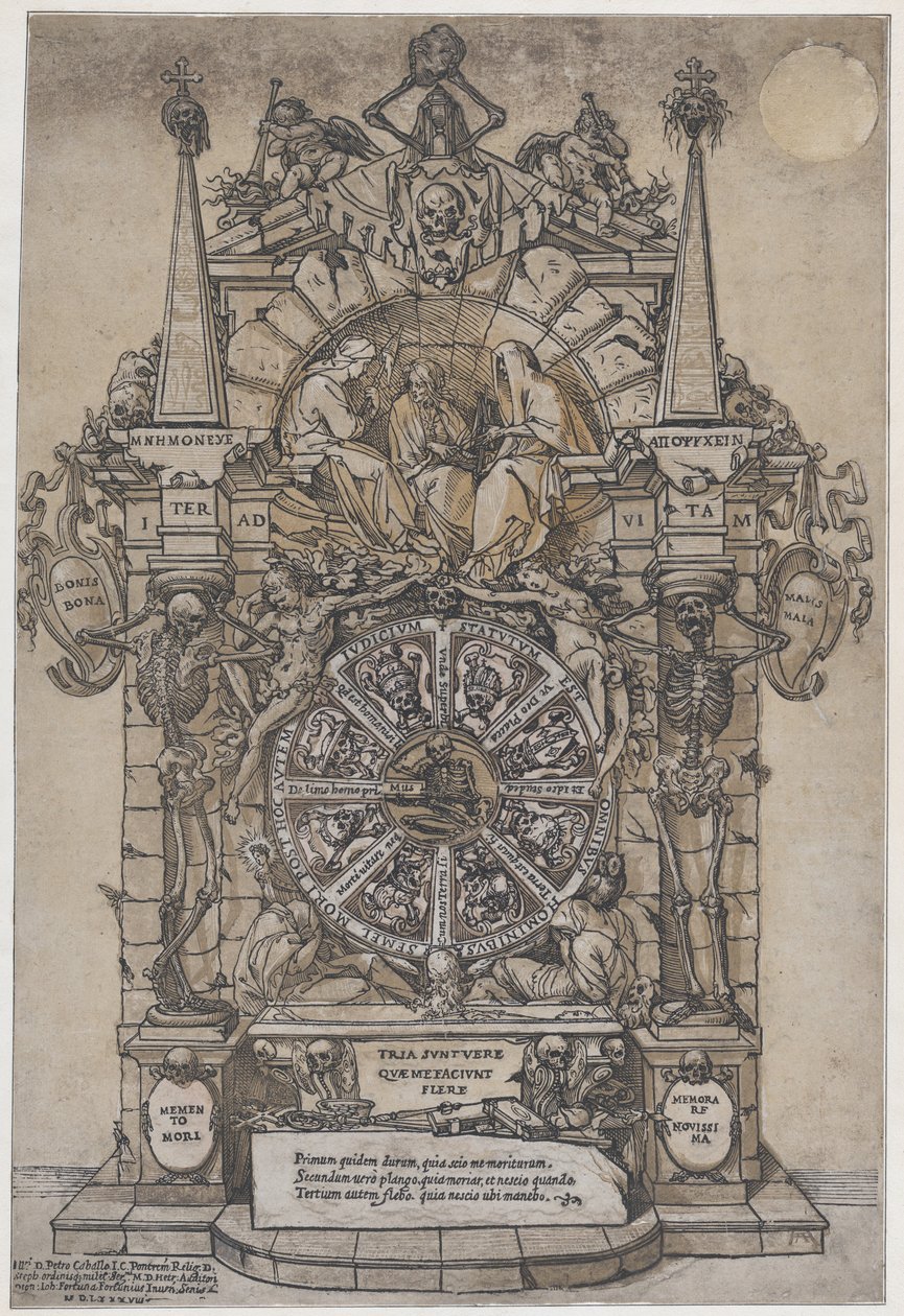 Bir çarkın üzerinde mimari bir çerçeve içinde üç kaderle Ölümün Zaferi..., 1588. by Andrea Andreani