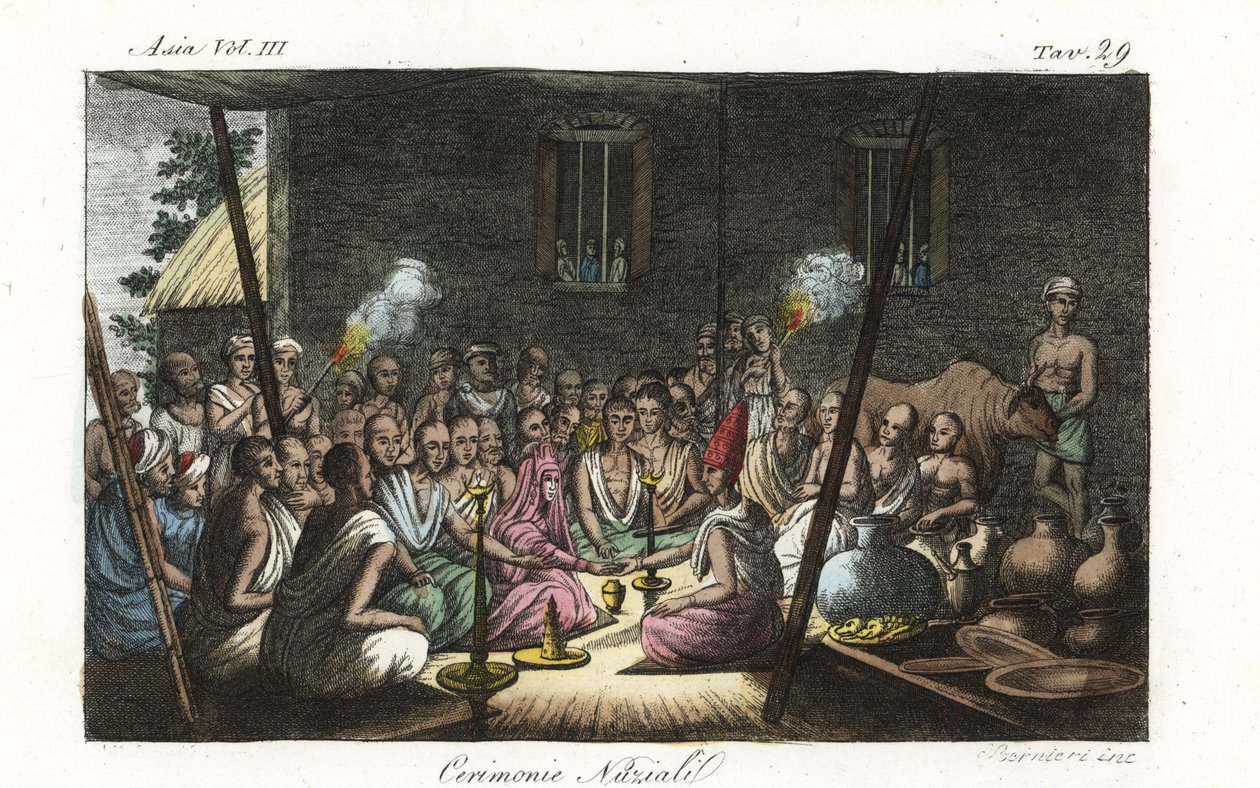 Karısının evinde düzenlenen Hindu brahmin evlilik töreni veya Bibaha. Andrea Bernieri tarafından Giulio Ferrario'nun Eski ve Modern Kostümleri'nden Francois Solvyns'in ardından çizilen ve oyulmuş elle boyanmış bakır levha, Floransa, İtalya by Andrea Bernieri