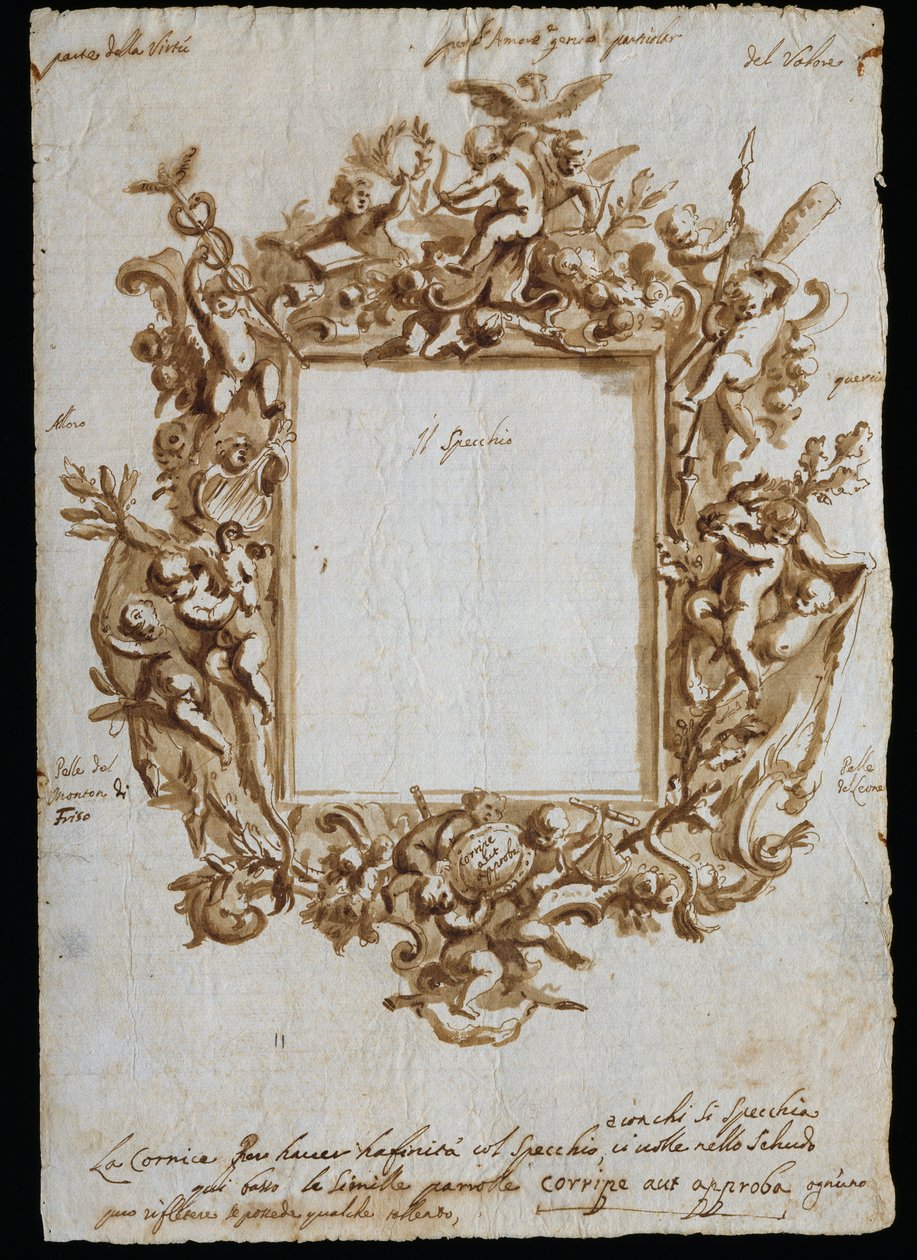 Alegorik çerçeve için ortogonal çizim, yaklaşık 1700, Andrea Brustolon (1662-1732), beyaz kağıt üzerine suluboya kalemi, İtalya by Andrea Brustolon