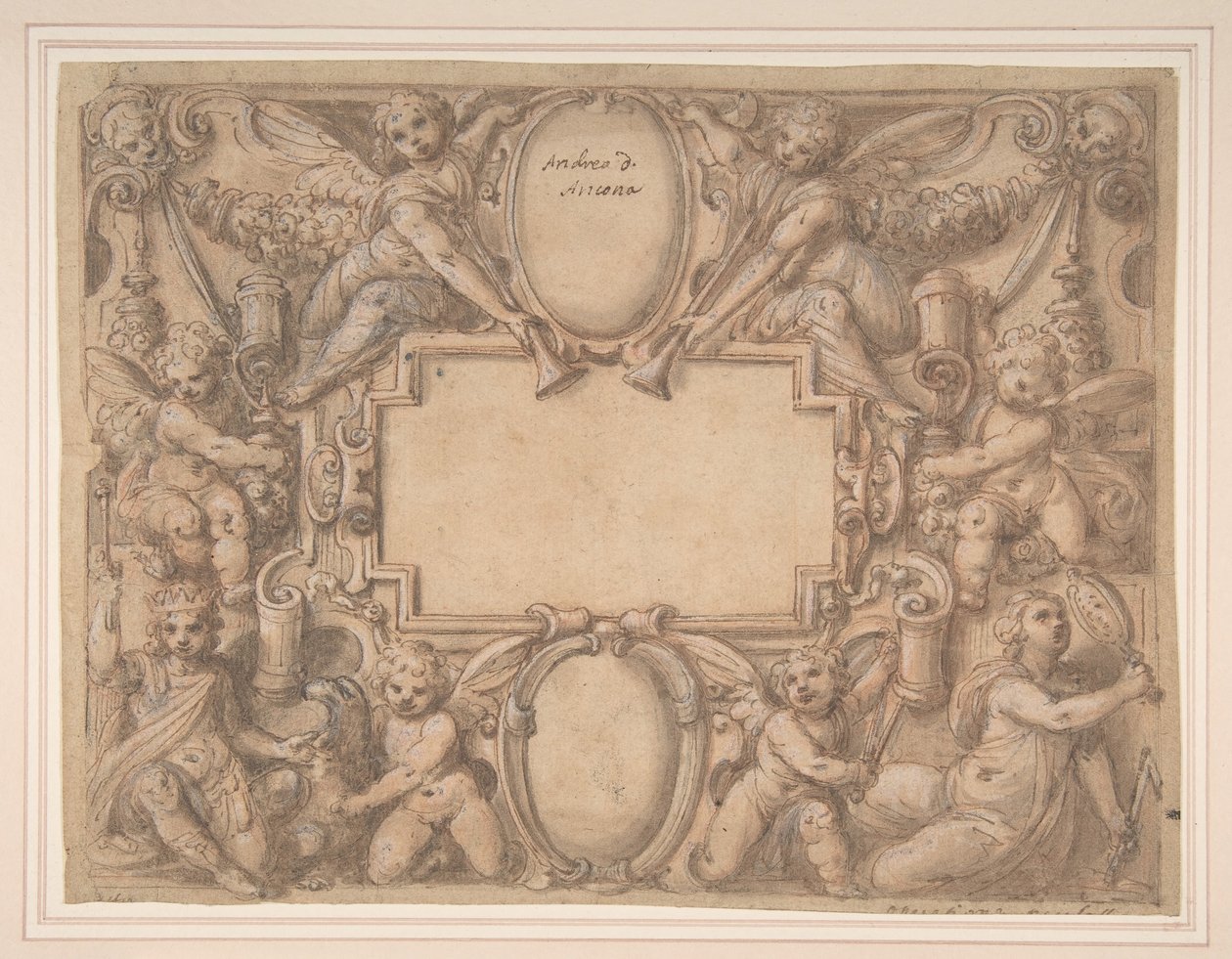 Alegorik Figürlerle Çevrili Bir Kartuş ve İki Kalkan., 1570-1631. by Andrea Lilli