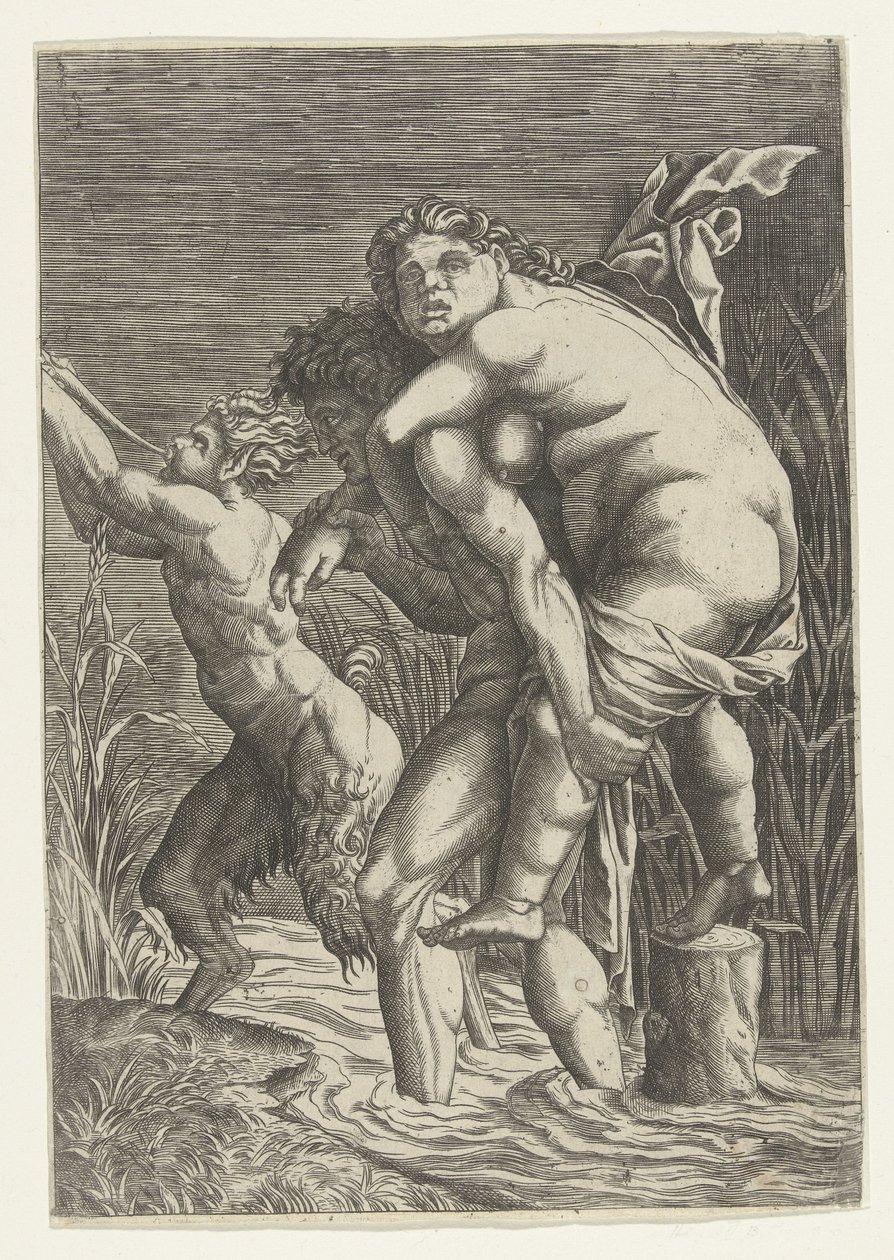 Adam kadını sırtında ve bir satir taşır. by Andrea Mantegna (school of)