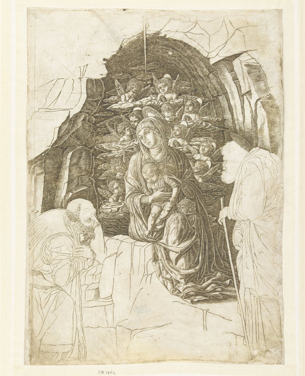 Meryem ile mağarada melekler tarafından çevrili çocuklu Meryem ve hayranlıkla Yusuf ve kral by Andrea Mantegna (school of)