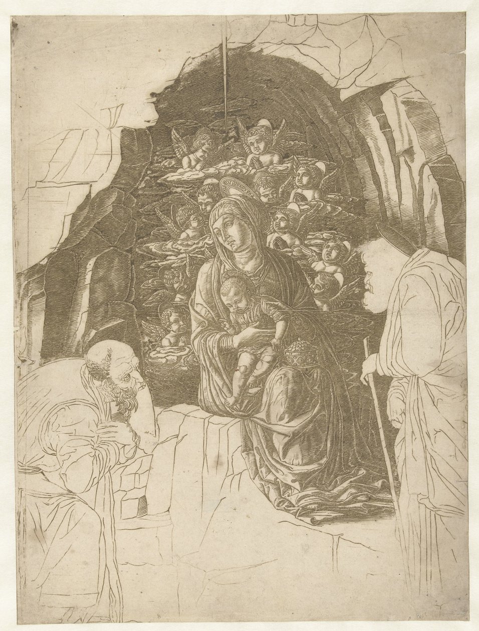 Meryem ile mağarada melekler tarafından çevrili çocuklu Meryem ve hayranlıkla Yusuf ve kral by Andrea Mantegna (school of)