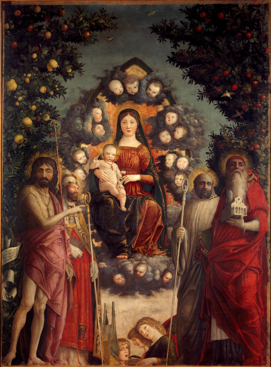 Altarpiece Trivulzio ““Kutsal Konuşma”” Bakire ve İsa Mesih bir mandorla içinde temsil edilir. Vaftizci Yahya, Papa I. Büyük Gregoire (540-604), Aziz Jerome (kilise ve kitaplar taşıyan), Aziz Benedict (dre) ile çevrilidirler. by Andrea Mantegna
