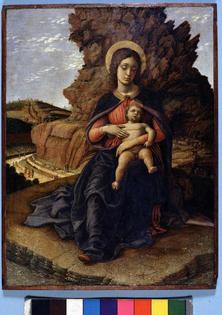 Andrea Mantegna, “Ocakların Bakiresi”: Bakire ve Çocuk ve arka planda işçilerle taş ocakları, Uffizi Galerisi, Floransa by Andrea Mantegna