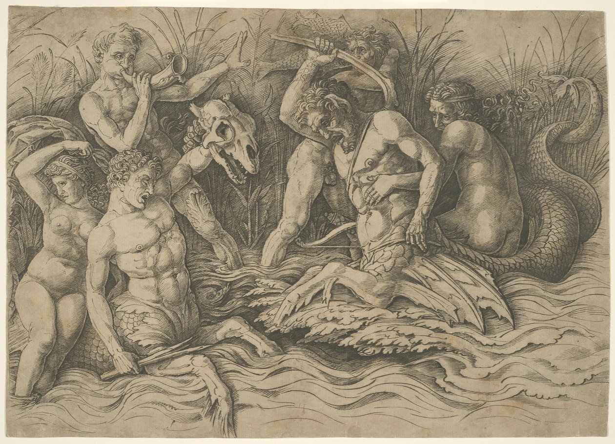 Deniz Tanrıları Savaşı: Bir Frizin Sağ Yarısı by Andrea Mantegna