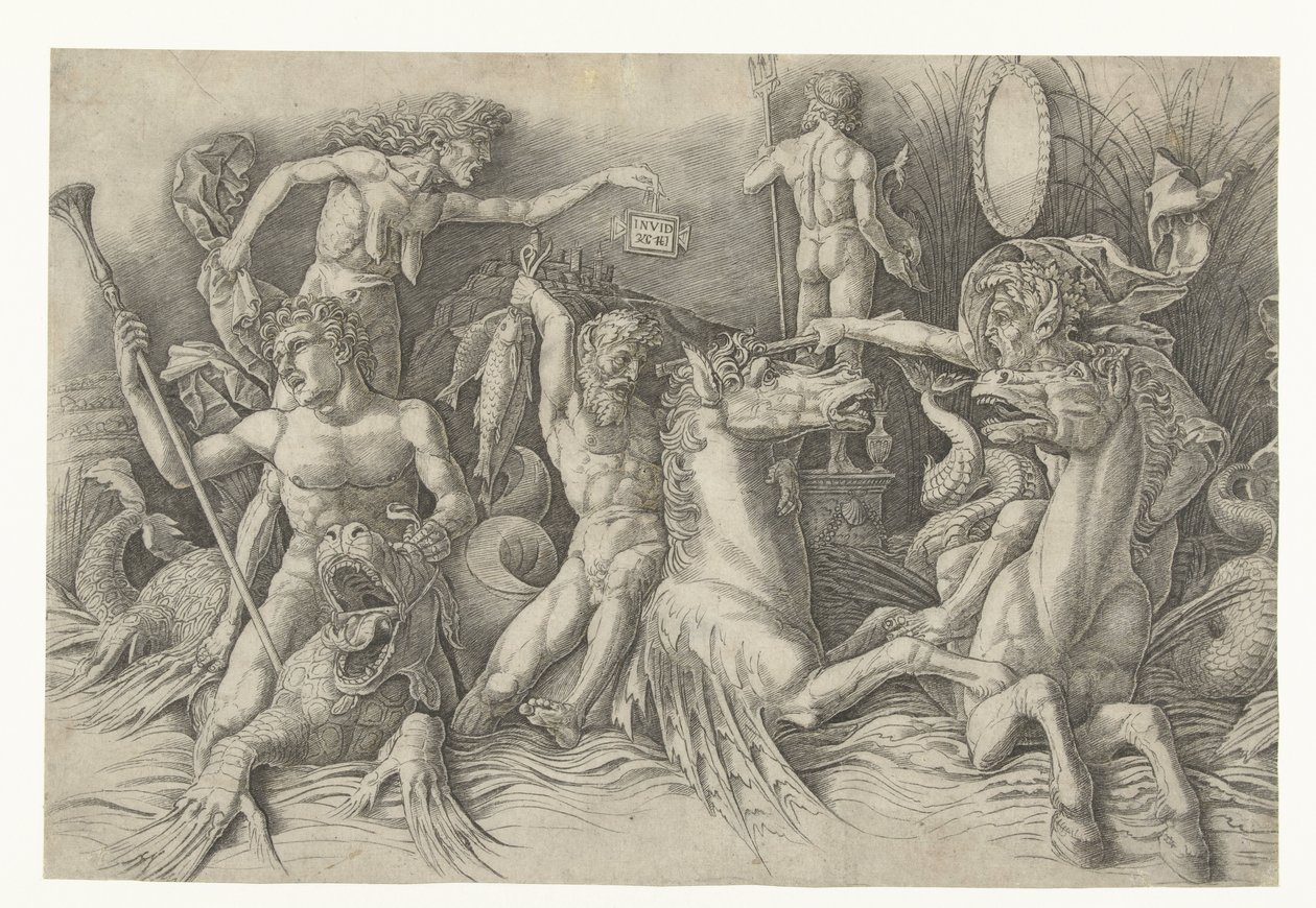 Deniz Tanrıları Savaşı, Kıskançlık (Invidia) Solda by Andrea Mantegna