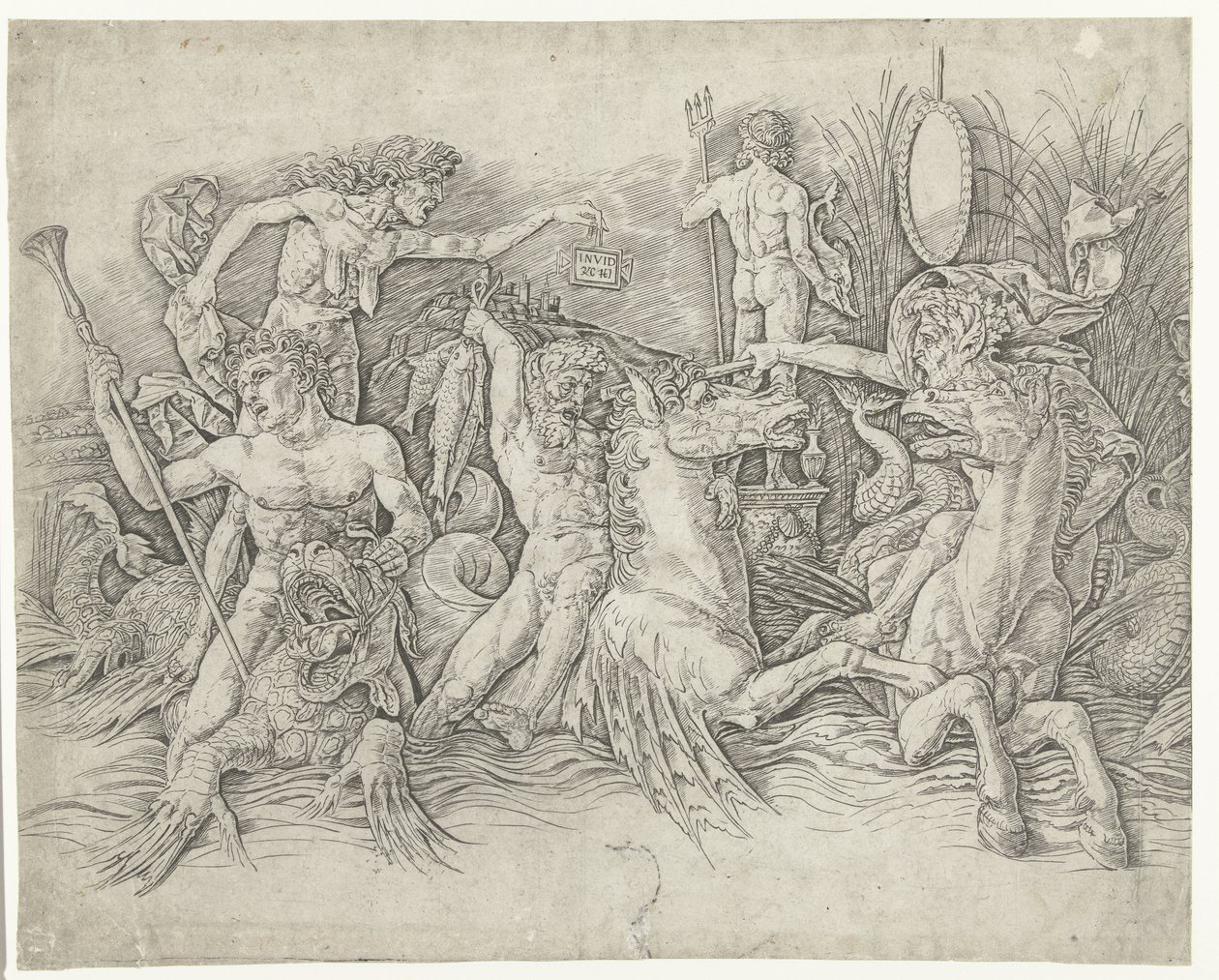 Ejderhanın sırtında duran kıskançlığın kişileşmesi olarak hipokampusa binen satirler ve yaşlı kadın arasındaki savaş Deniz Tanrıları Savaşı by Andrea Mantegna
