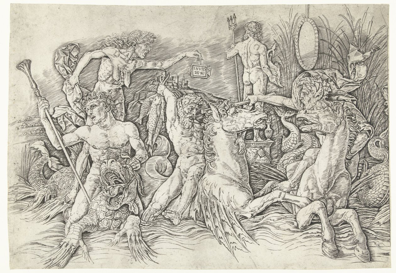 Ejderhanın arkasında duran kıskançlığın kişileşmesi olarak hipokampiye binen satirlerin ve yaşlı kadının savaşı Deniz tanrılarının savaşı by Andrea Mantegna
