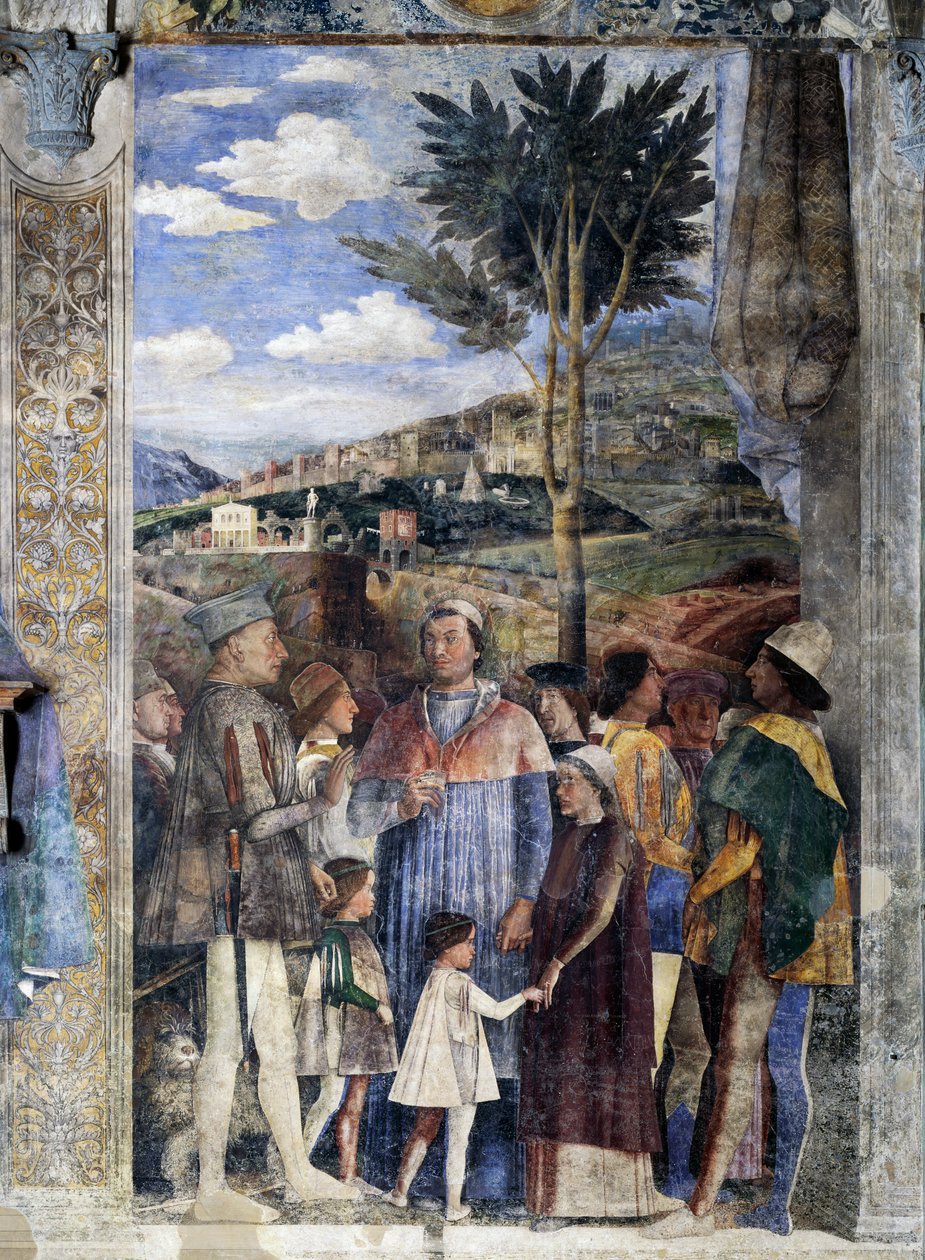 L. Gonzaga, oğulları Kardinal Francesco Gonzaga, Federico I Gonzaga, Francesco, Sigismondo, sağda, Kutsal Roma İmparatoru Frederick III, Danimarka Kralı I. Christian, Toplantı duvarı, detay (fresk) by Andrea Mantegna