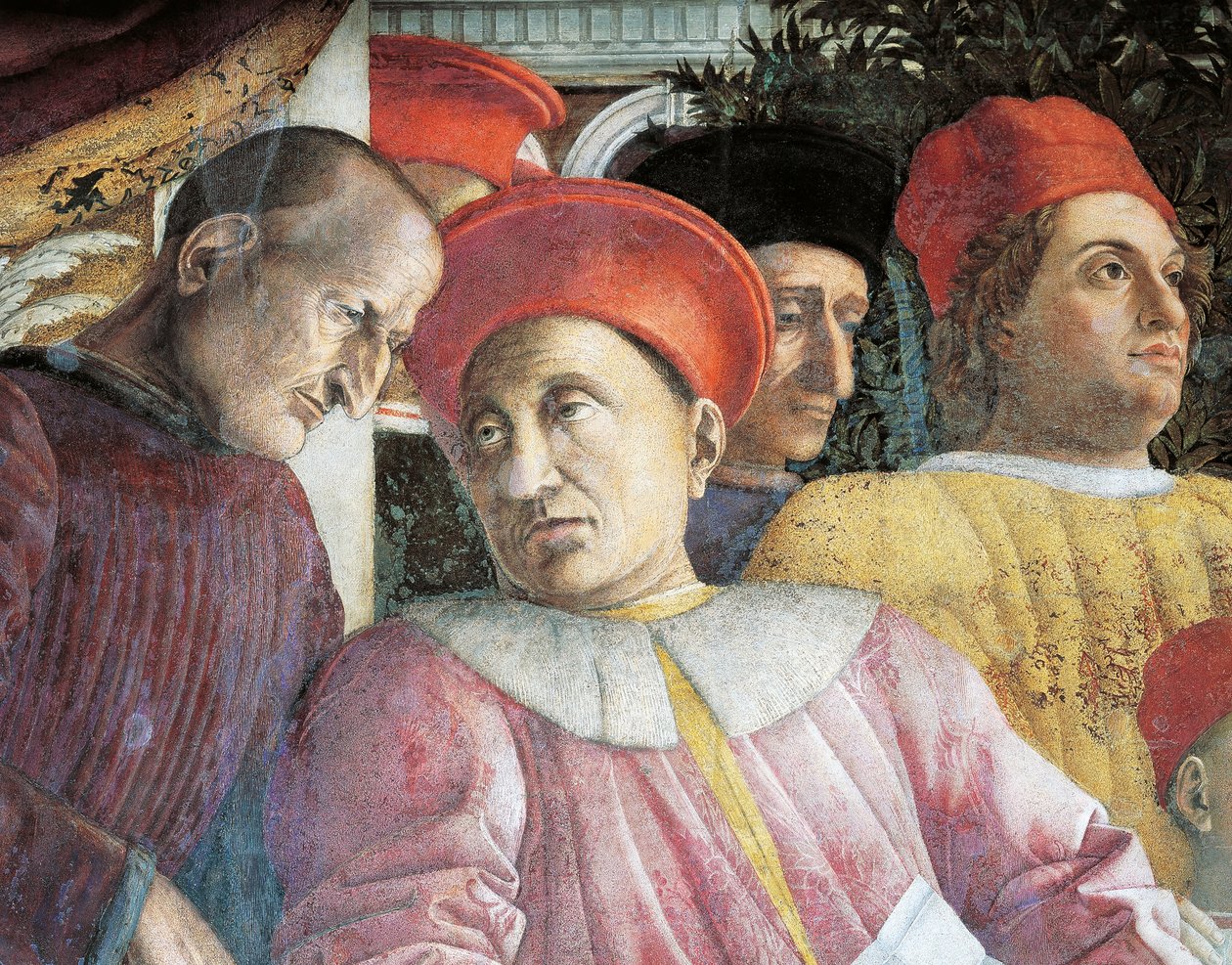 Ludovico Gonzaga ve danışman Marsilio Andreasi, Mahkeme Duvarından detay by Andrea Mantegna