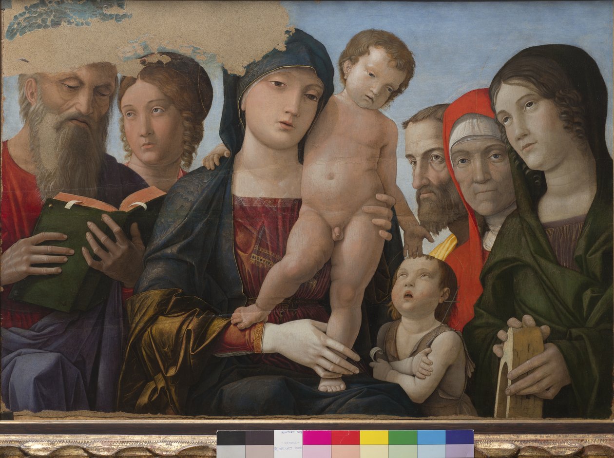 Madonna ve Çocuk, Aziz John, İskenderiyeli Aziz Catherine ve diğer azizler, 1480-88 by Andrea Mantegna