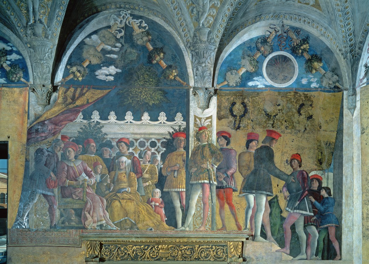 Marchese Ludovico Gonzaga III, eşi Brandenburglu Barbara, çocukları, saray mensupları ve köpekleri Rubino, Camera degli Sposi veya Camera Picta