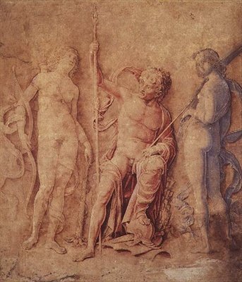 Mars, Diana ve Iris (?) 1446-1506 (kalem ve kahverengi mürekkep, kahverengi, kırmızı ve mavi yıkamalı, beyazla güçlendirilmiş, kahverengi kağıt üzerinde) by Andrea Mantegna