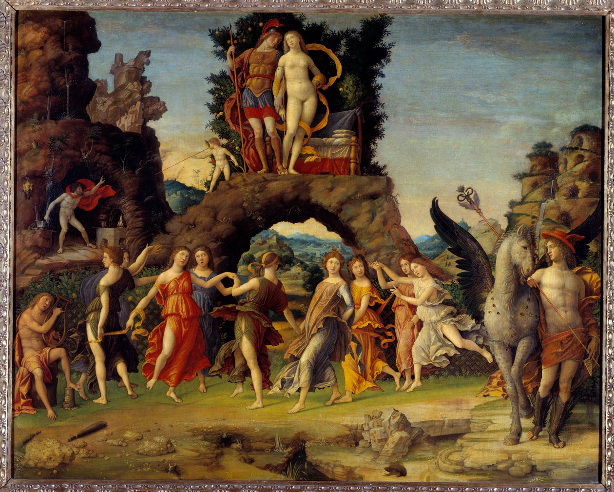 Mars ve Venüs veya Parnassus. Kaya üzerinde Mars ve Venüs, Pegase ve Merkür, Apollo ve dokuz ilham perisi Calliope (epik şiir), Clio (tarih), Erato (lirik sanat), Euterpe (müzik), Melpomene (trajedi), Polymnie (retorik), Terpsikor by Andrea Mantegna
