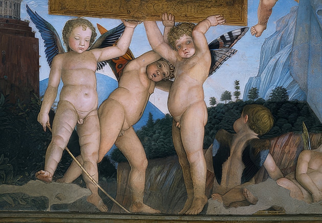 Bir ithaf plaketi tutan kelebek kanatlı Putti (detay). 1465-74 by Andrea Mantegna