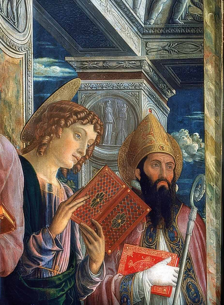 San Zeno Sunağı. Sol tarafın detayı. 1457-1460. Resimde Evangelist John ve Veronalı Zenon by Andrea Mantegna
