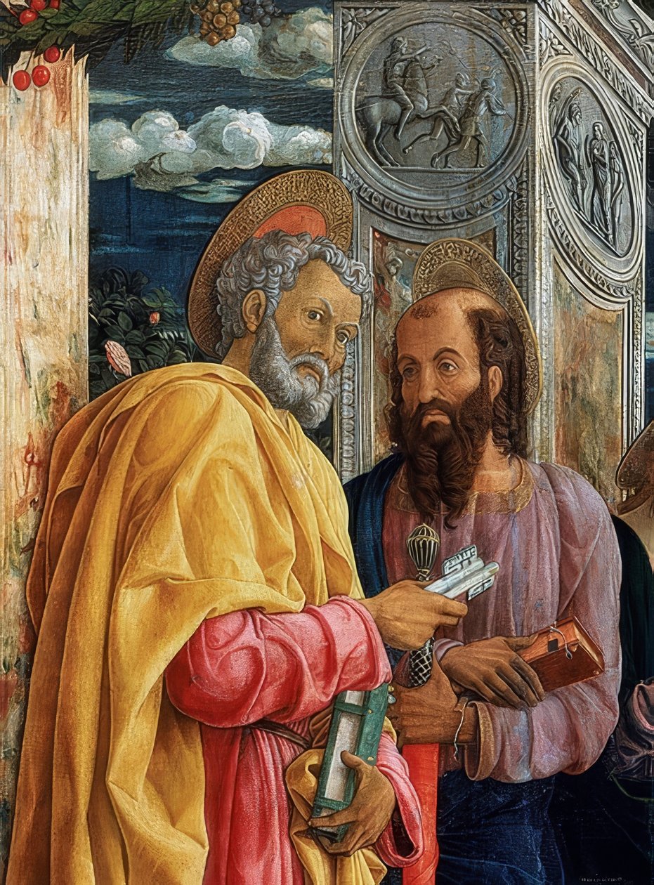 San Zeno Sunağı. Sol tarafın detayı. 1457-1460. Resimde Tarsuslu Simon Peter ve Paul by Andrea Mantegna