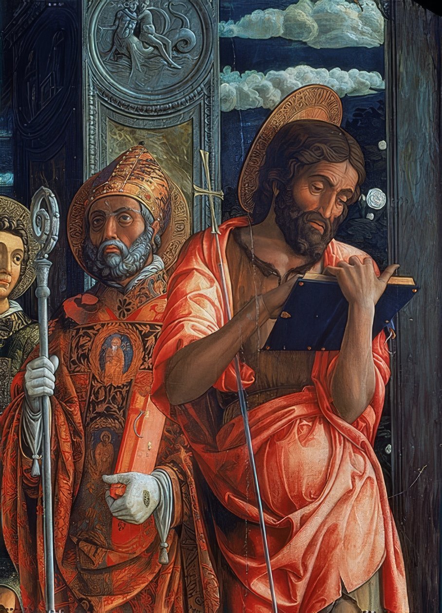 San Zeno Sunağı. Sağ taraftan detay. 1457-1460. Detay, Vaftizci Yahya ve Hippo Augustine