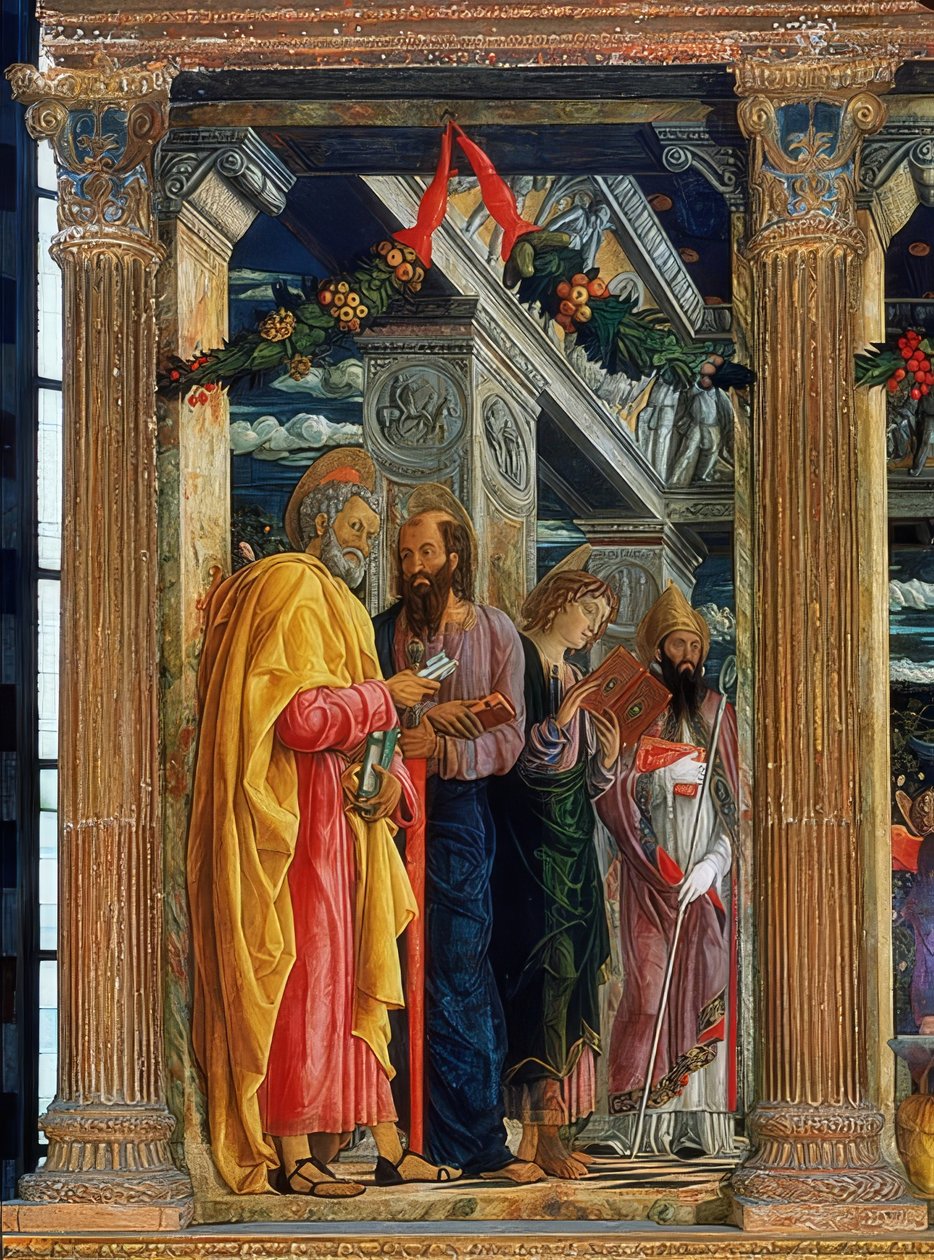 San Zeno Sunağı. Sol Taraf. 1457-1460. Resimde Simon Petrus, Tarsuslu Paulus, Evangelist John ve Veronalı Zenon by Andrea Mantegna