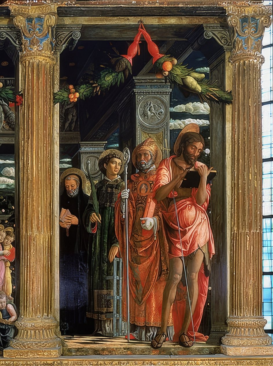 San Zeno Sunağı. Sağ Taraf. 1457-1460. Detay, Vaftizci Yahya, Romalı Lawrence, Hippolu Augustine ve Nursialı Benedict