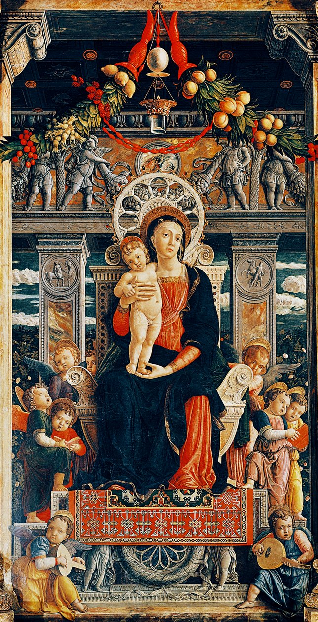 Bakire enthroned, Andrea Mantegna (1431-1506) tarafından San Zeno Altarpiece orta kısmından detay, ahşap, 220x115 cm, San Zeno Bazilikası, Verona by Andrea Mantegna