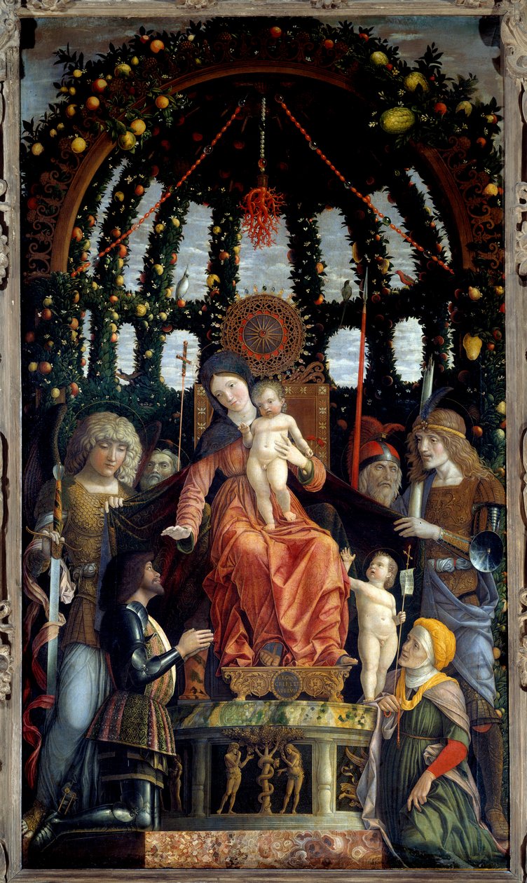 Zafer Bakiresi (Zafer Altarpiece) (Madonna della Vittoria). Meryem Ana temsil edilir: Aziz Michael, Aziz George, Aziz Longin ve Aziz Andre. Resmin hamisi, Mantua Markisi, Francois II de Gonzague (Francesco II Gonzaga) ( by Andrea Mantegna