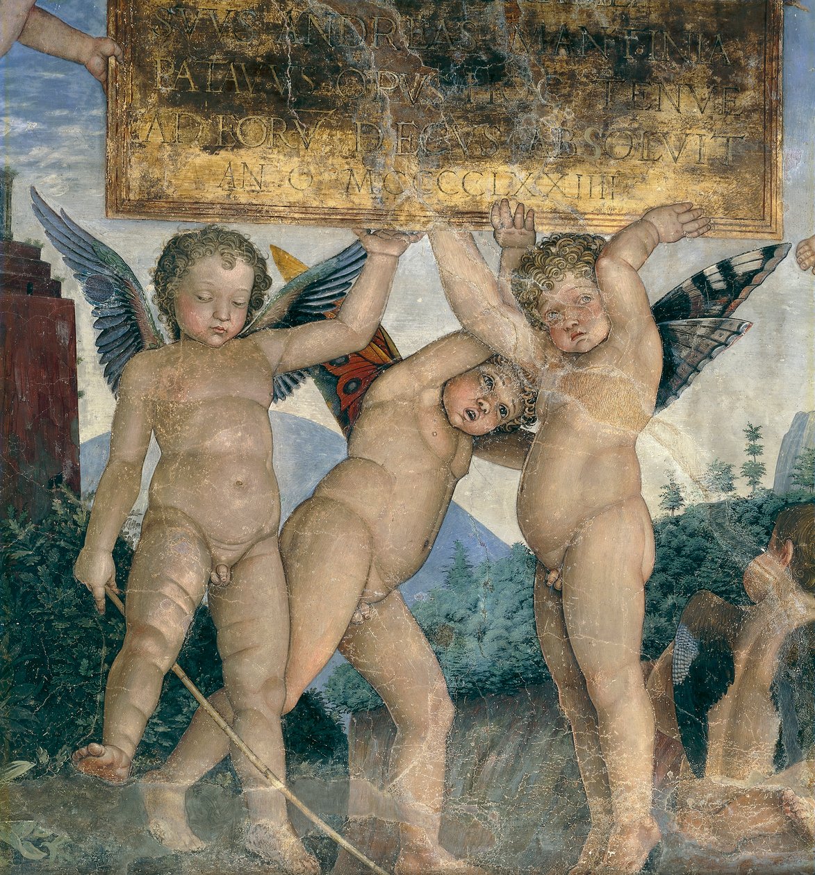 Adanmışlık plaketini tutan kanatlı melekler, Toplantı Duvarından detay by Andrea Mantegna